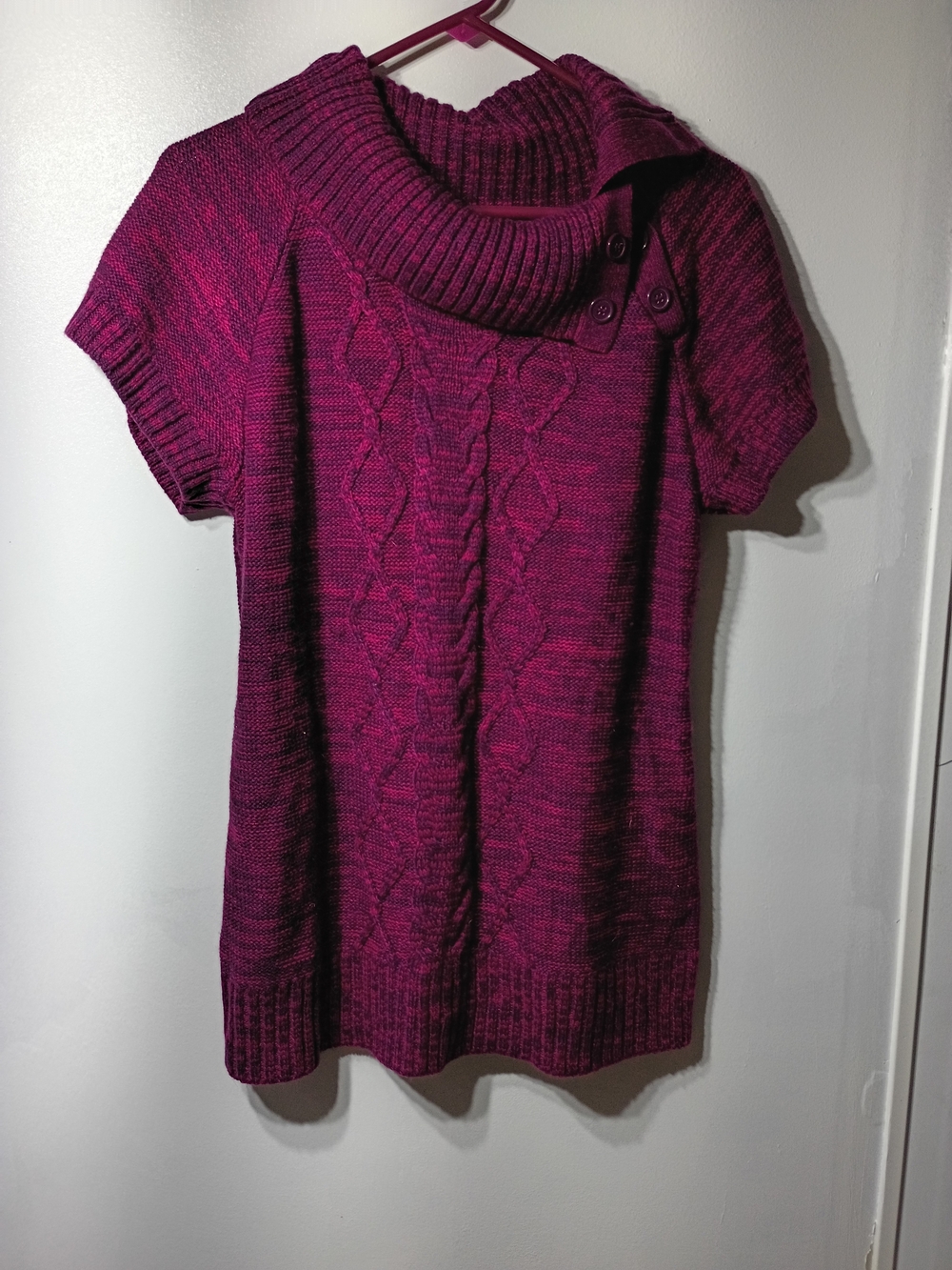 Women’s Magenta Cable Knit Tunic Sweater with Cowl Neck & Short Sleeves